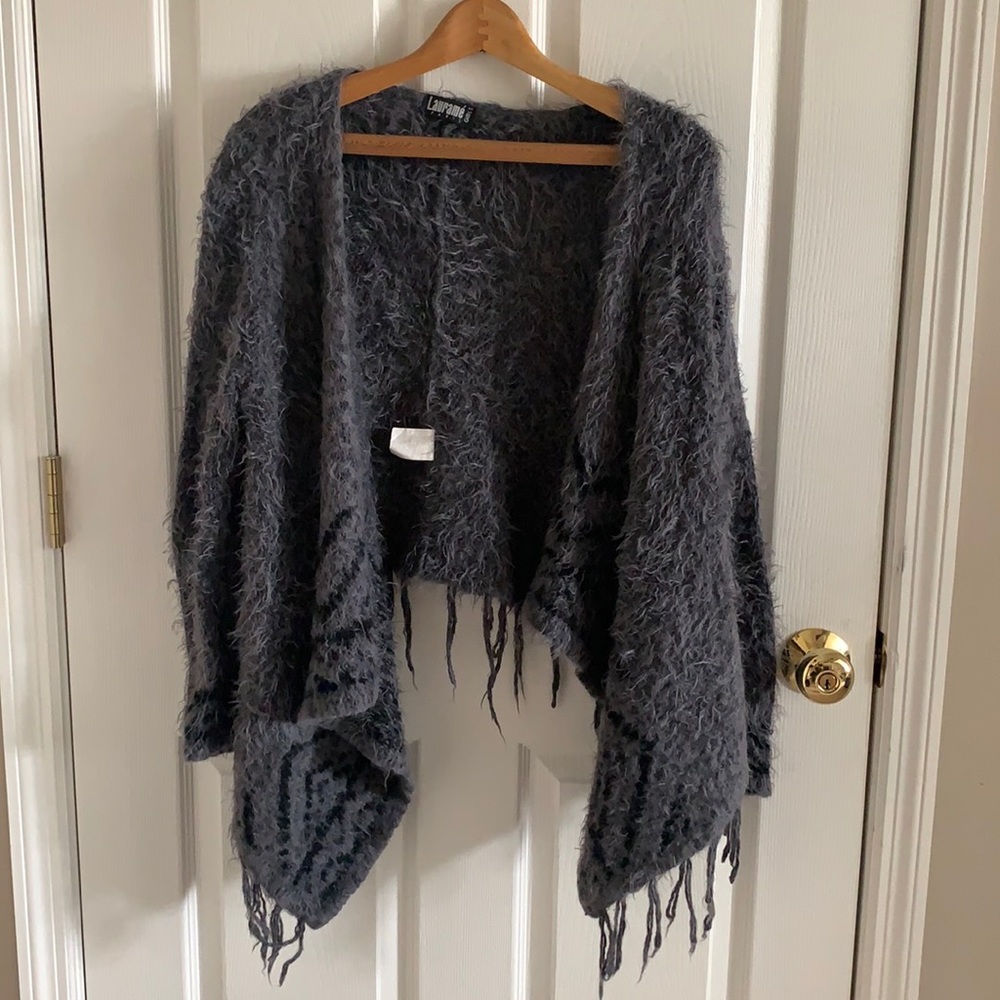 Laurame Grey Fringe Poncho Cardigan Sweater OSFA